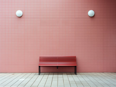 a red bench sitting in front of a pink wallの素材