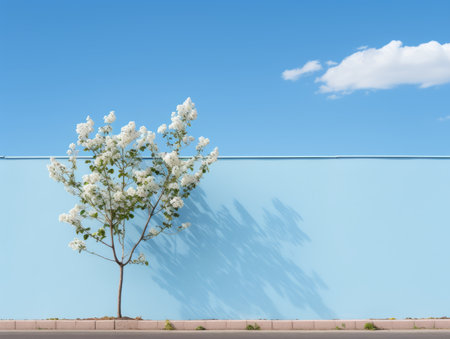 a single white flower on a blue wall with a blue sky in the backgroundの素材