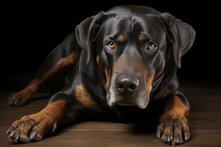 a rotweiler dog laying on the floor in front of a black backgroundの素材