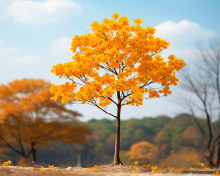 a single yellow tree stands in the middle of a fieldの素材