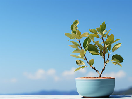 a small plant in a blue pot on a tableの素材