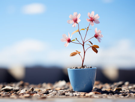 a small flower in a blue pot on the groundの素材