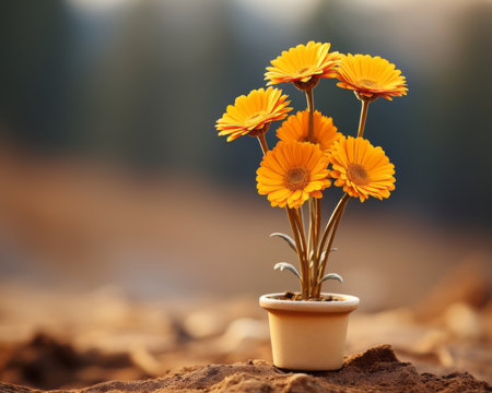 a small flower pot with yellow flowers sitting on top of a rockの素材