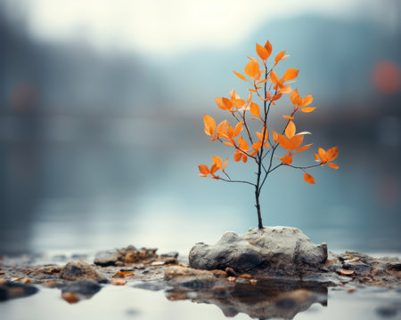 a small tree growing out of a rock in the middle of a lake