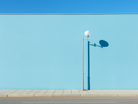 a street lamp on the side of a blue wallの素材
