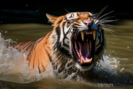a tiger with its mouth open in the waterの素材