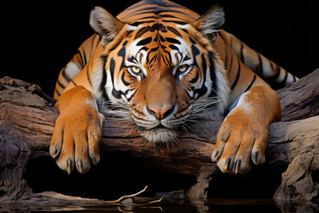 a tiger laying on a log in front of waterの素材