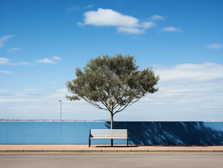 a tree and a bench in front of a blue wallの素材