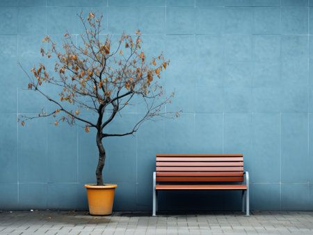 a tree and bench in front of a blue wallの素材