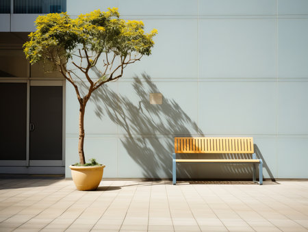 a tree and bench in front of a buildingの素材