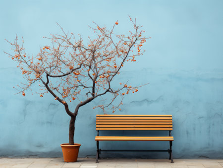 a tree and bench in front of a blue wallの素材