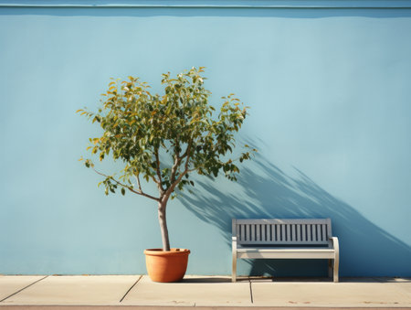 a tree and bench in front of a blue wallの素材