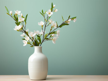 a vase with white flowers sitting on a tableの素材
