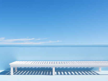 a white bench sitting on top of a blue wallの素材