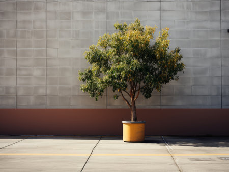 a tree in a pot on the side of a buildingの素材
