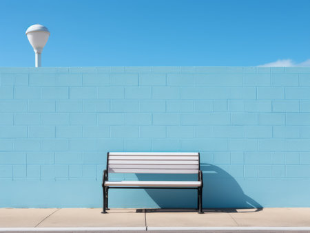 a white and black bench sitting in front of a blue wallの素材