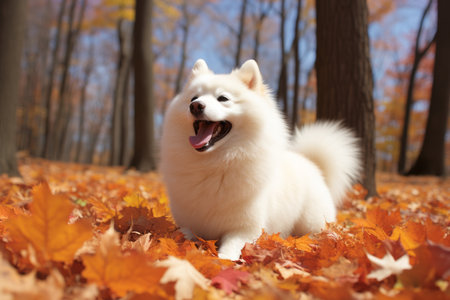 a white dog is standing in the middle of an autumn forestの素材