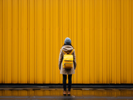 a woman with a yellow backpack standing in front of a yellow wallの素材