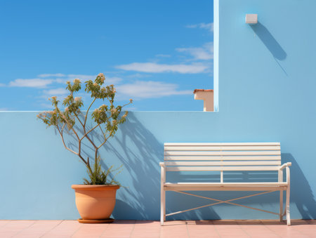 a white bench sitting next to a potted plantの素材