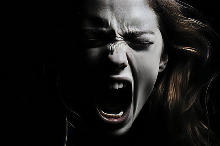 a woman screaming in the dark with her mouth openの素材