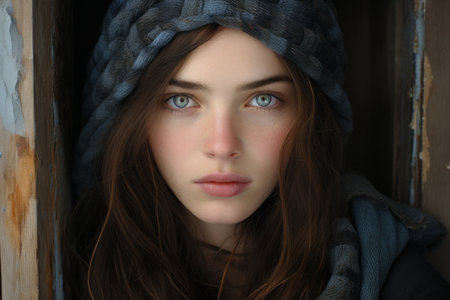 a woman with blue eyes and a scarf is looking at the cameraの素材