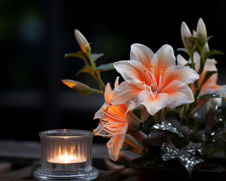 a vase with flowers and a candle sitting on a tableの素材