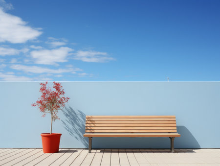 a wooden bench and a potted plant next to a blue wallの素材