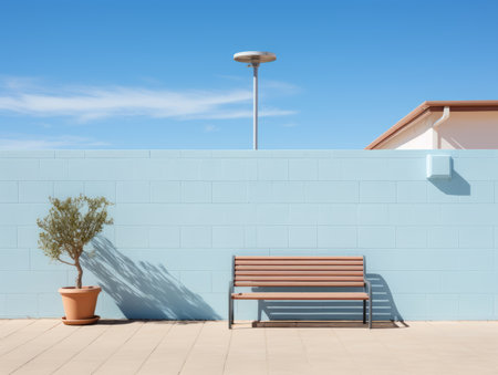 a wooden bench sitting next to a potted plant in front of a blue wallの素材