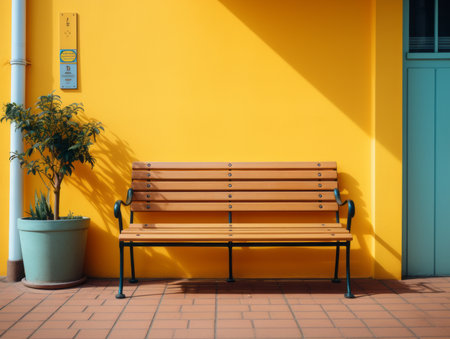 a wooden bench sitting in front of a yellow wallの素材