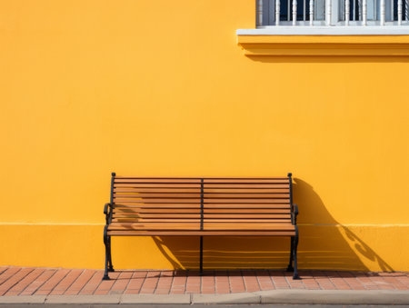 a wooden bench sitting in front of a yellow wallの素材