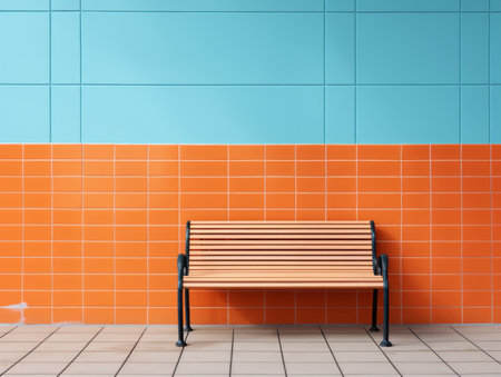 a wooden bench sitting in front of an orange and blue tiled wallの素材