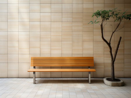 a wooden bench sitting next to a tree in front of a tiled wallの素材