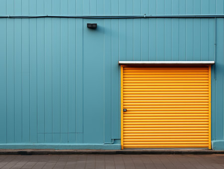 a yellow door and a blue wall in front of itの素材