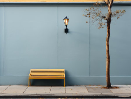 a yellow bench sitting next to a street lampの素材