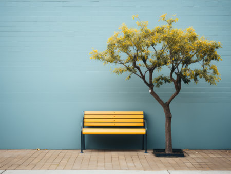 a yellow bench sitting next to a treeの素材
