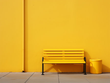 a yellow bench next to a trash can in front of a wallの素材