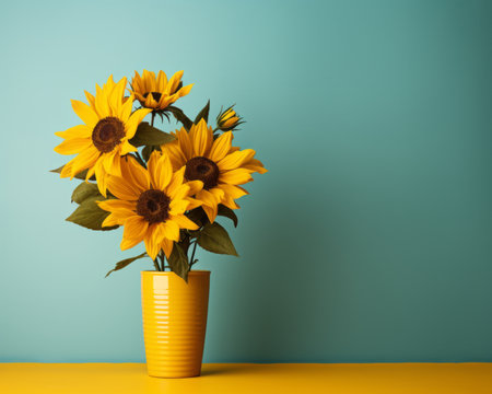 a yellow vase with sunflowers on a blue backgroundの素材
