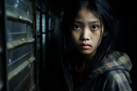 a young asian girl in a hoodie looking at the cameraの素材