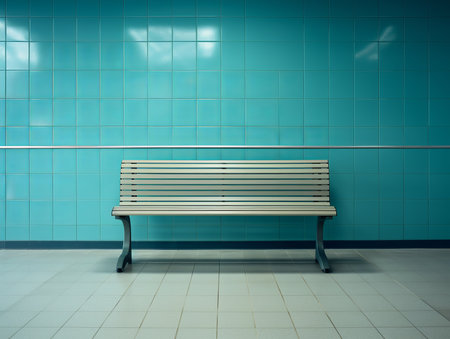 a wooden bench sitting in front of a blue tiled wallの素材