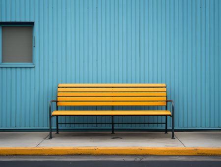 a yellow bench sitting in front of a blue wallの素材