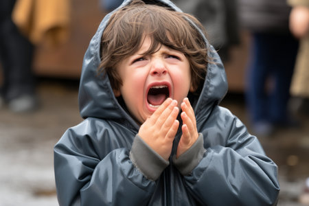 a young boy in a raincoat is cryingの素材