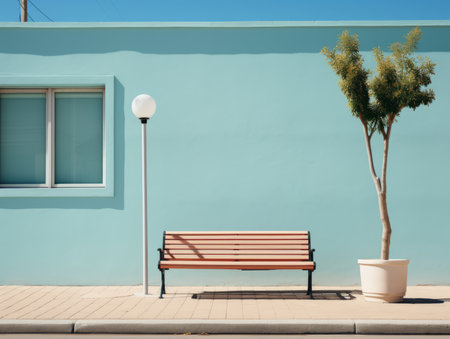 a wooden bench sitting next to a tree in front of a blue wallの素材