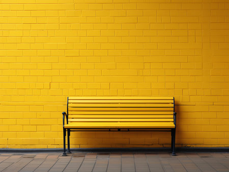 a yellow bench sitting in front of a brick wallの素材