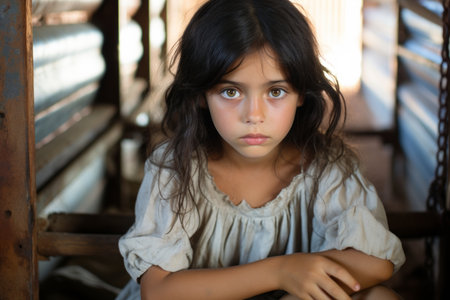 a young girl is sitting on the floor in an old buildingの素材