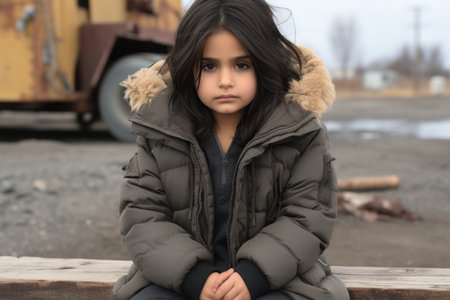 a young girl sitting on a bench in front of a dump truckの素材