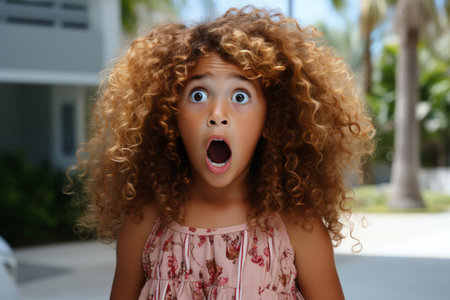 a young girl with curly hair and an open mouthの素材