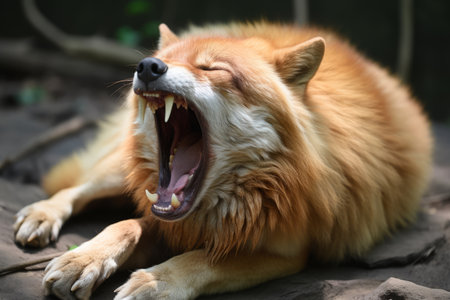 an angry red wolf yawning with its mouth openの素材