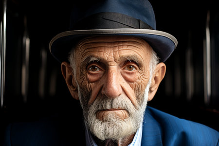 an old man wearing a hat and a blue suitの素材