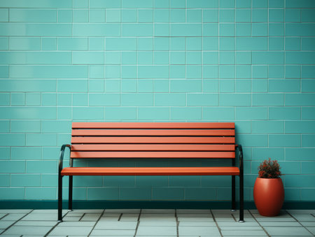 an empty bench in front of a blue wallの素材