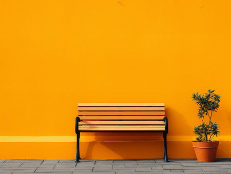 an empty wooden bench against an orange wallの素材